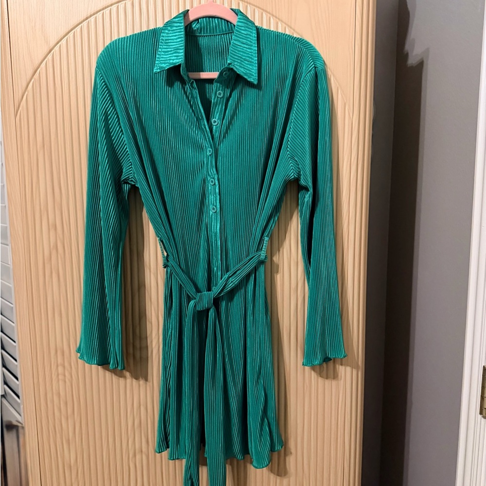 Green Pleated Long Sleeve Dress